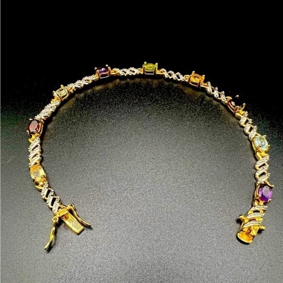 925 Sterling Silver Two-Tone Multi-Gemstone Hinged Bangle Bracelet - Picture 10 of 17